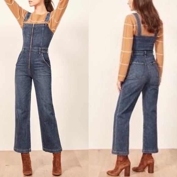 Reformation Denim - Reformation Jenny Zip Front Denim Jumpsuit Cropped Wide Leg Jean Overalls Kasai